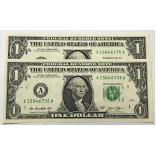 UNITED STATES OF AMERICA 2013 . ONE 1 DOLLAR BANKNOTE . PREFIX A and SUFFIX A